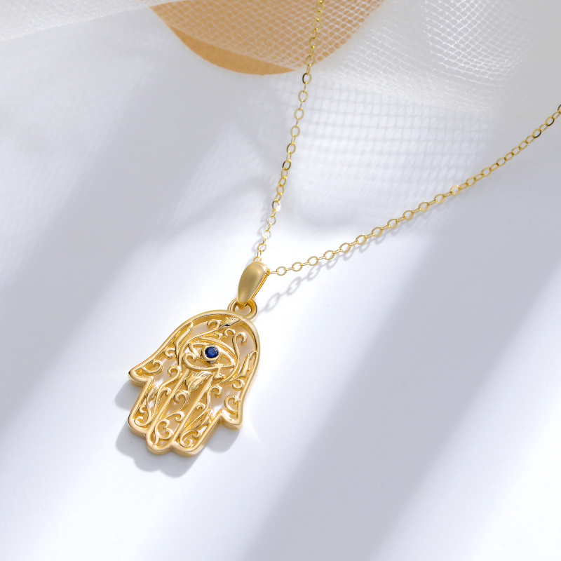 10K Gold Cubic Zirconia Evil Eye Hamsa Hand & Ivy Pendant Necklace-4
