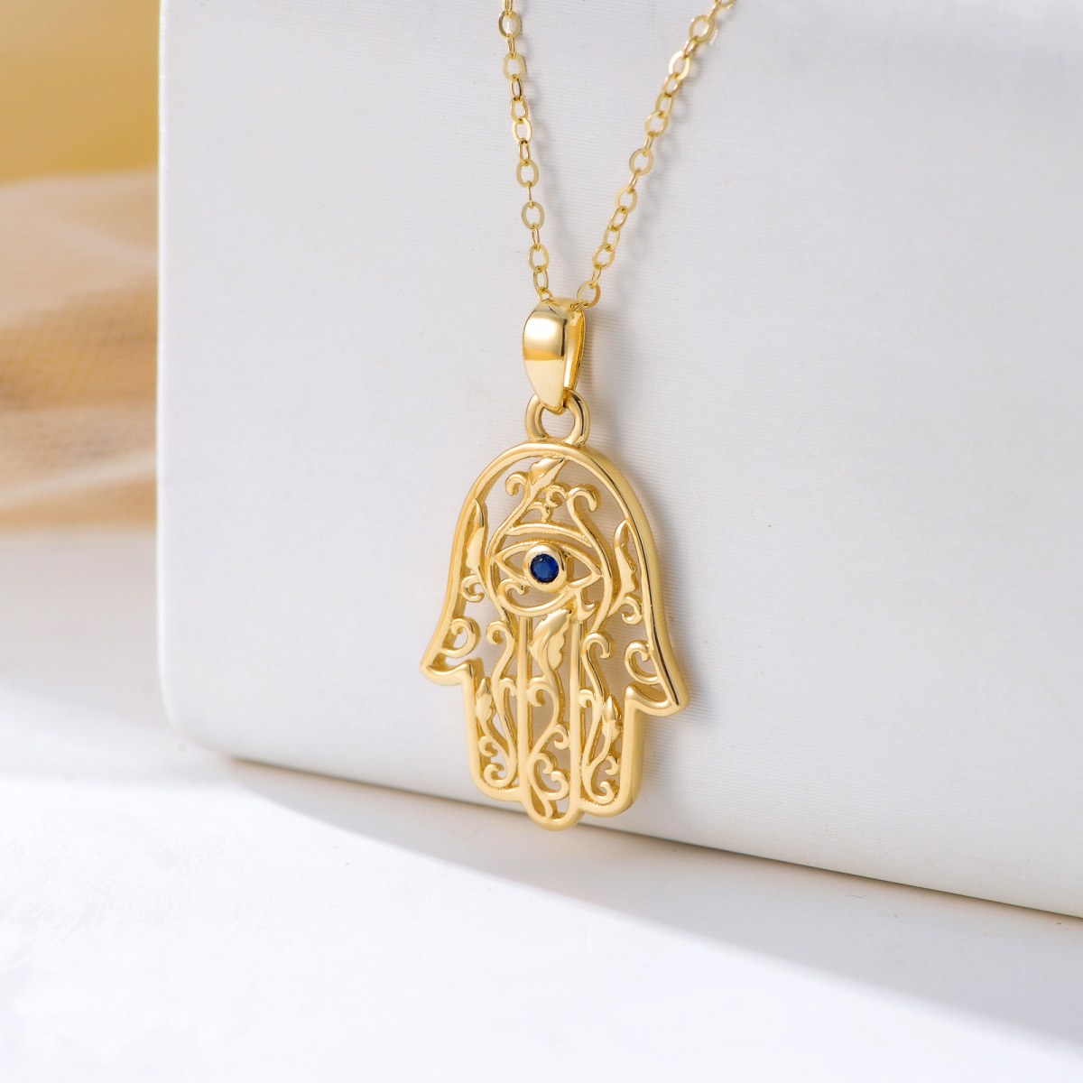 Colar com pingente de olho do mal Hamsa. mão e hera em ouro cubico 14K-5