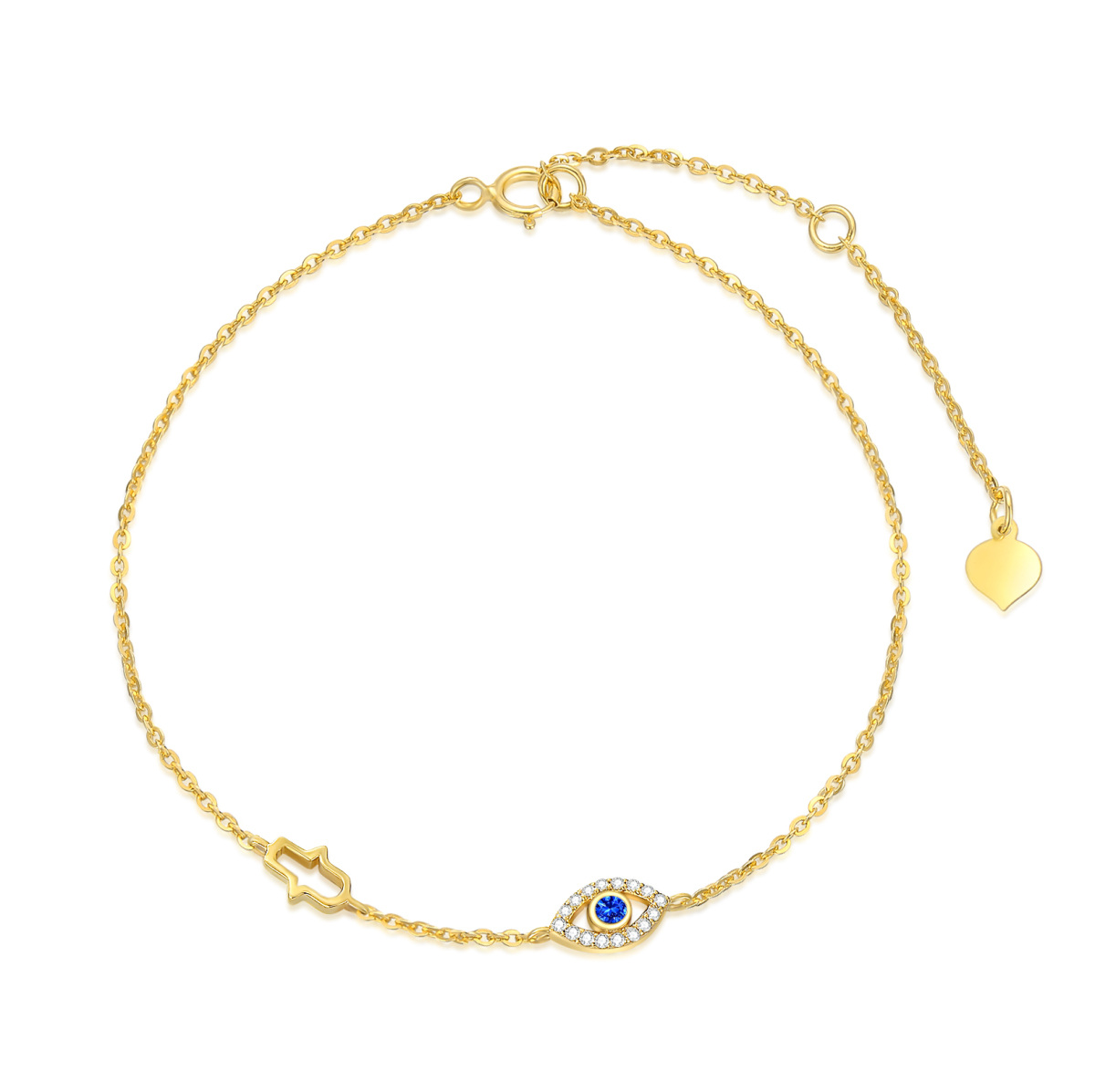 Bracelet en or 14K avec pendentif en zircon cubique Oeil maléfique et main Hamsa-1