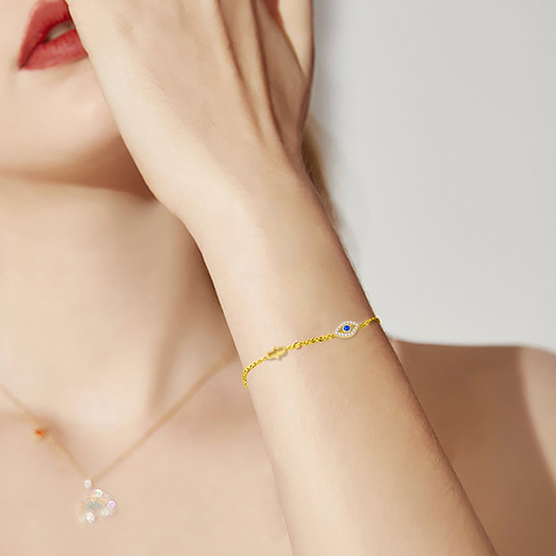 14K Gold Cubic Zirconia Evil Eye & Hamsa Hand Charm Bracelet-2