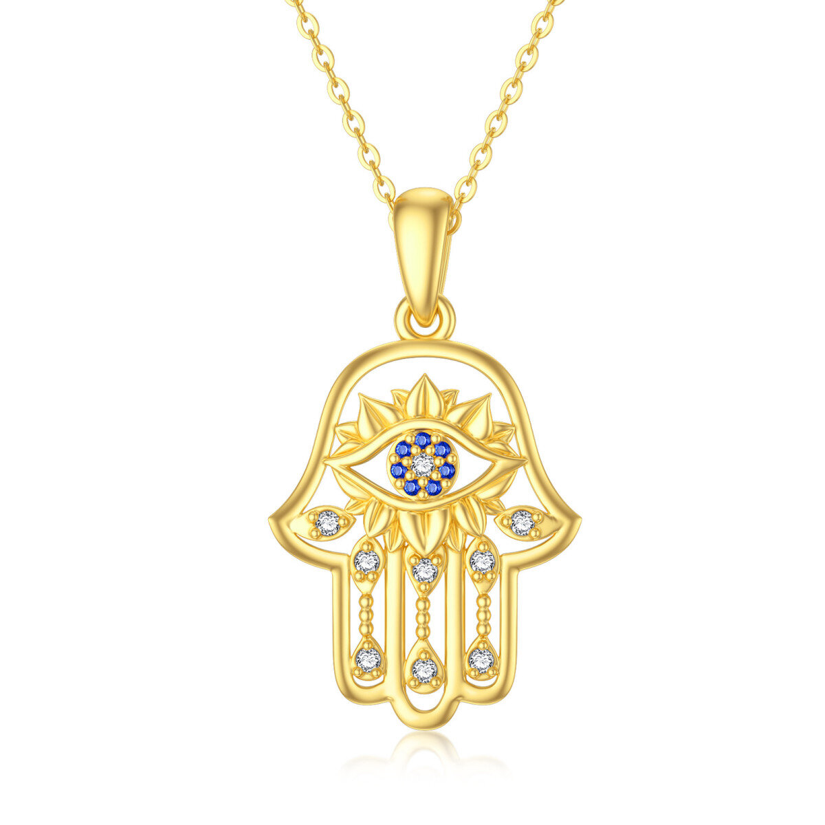 Collier en or 14K à zircon cubique avec pendentif Oeil maléfique et main Hamsa-1