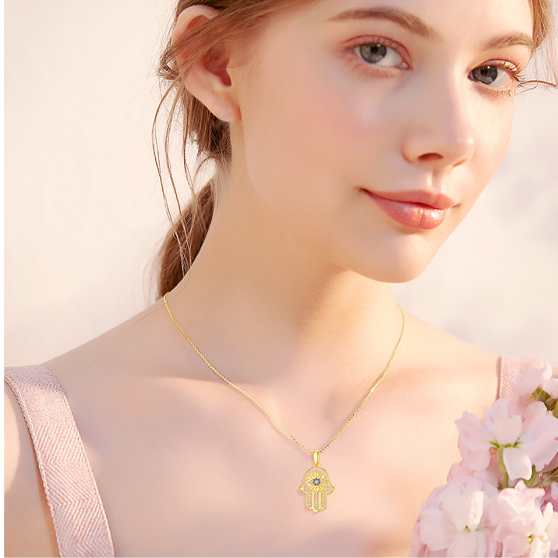 قلادة من الذهب الأبيض عيار 10 قيراط مرصعة بالزركونيا المكعبة وعين الشر ويد الخماسية-2