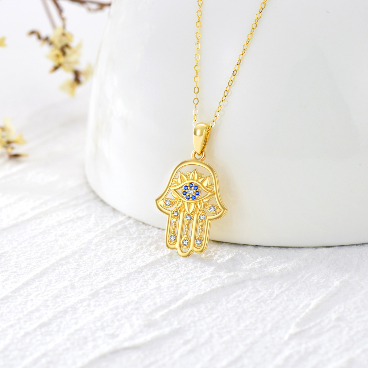 14-karatowy złoty naszyjnik z cyrkoniami Evil Eye & Hamsa Hand Pendant-3