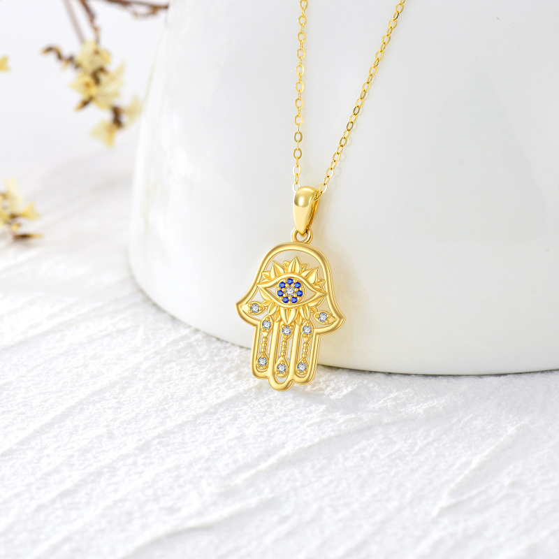 قلادة من الذهب الأبيض عيار 10 قيراط مرصعة بالزركونيا المكعبة وعين الشر ويد الخماسية-3