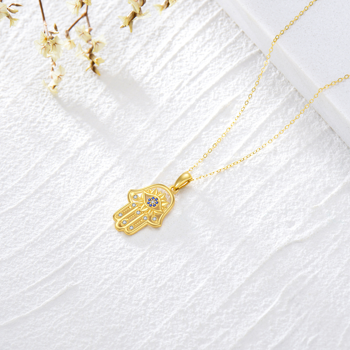 Colar com pingente de mão Hamsa de zircônia cúbica em ouro 14K-4