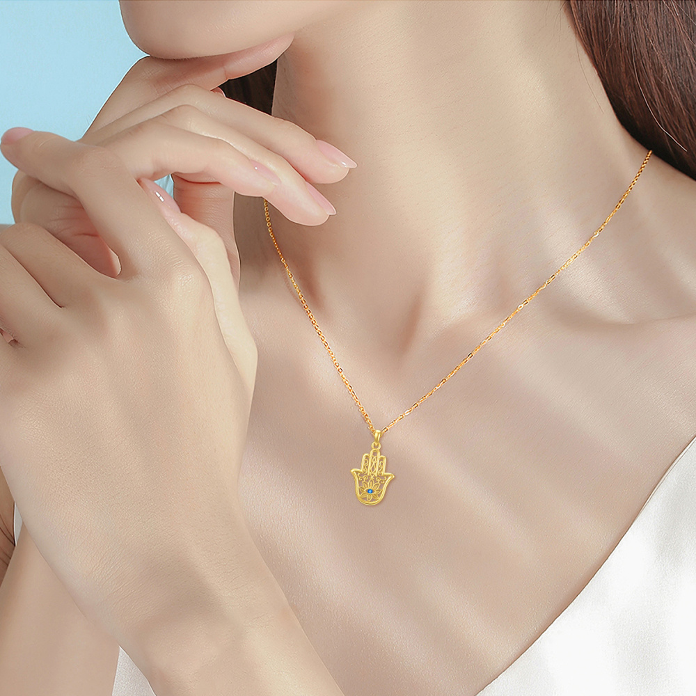 10K Oro Cúbico Zirconia Mal de Ojo y Hamsa Mano Collar Colgante-2