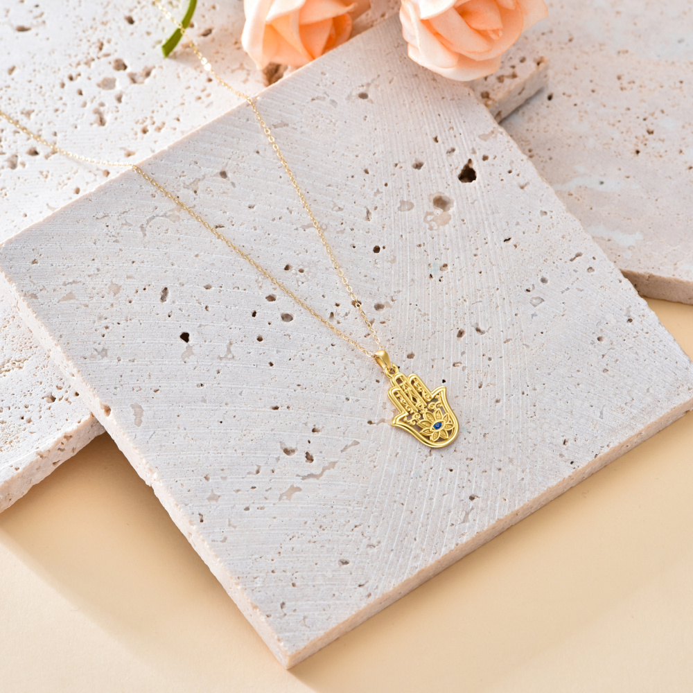 10K Oro Cúbico Zirconia Mal de Ojo y Hamsa Mano Collar Colgante-3