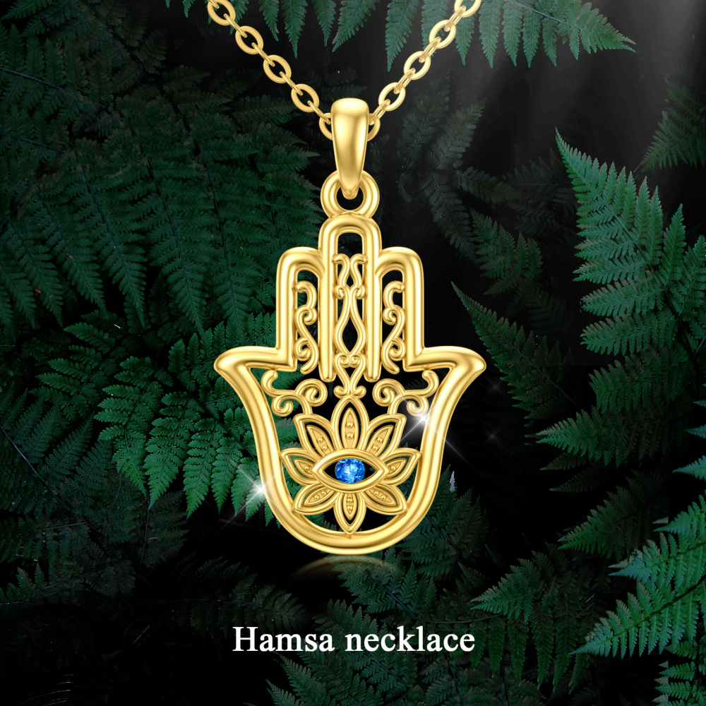10K Oro Cúbico Zirconia Mal de Ojo y Hamsa Mano Collar Colgante-5