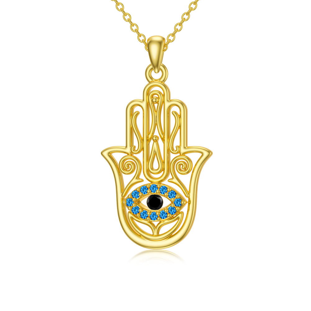 Collier en or 10K à zircon cubique avec pendentif Oeil maléfique et main Hamsa-1