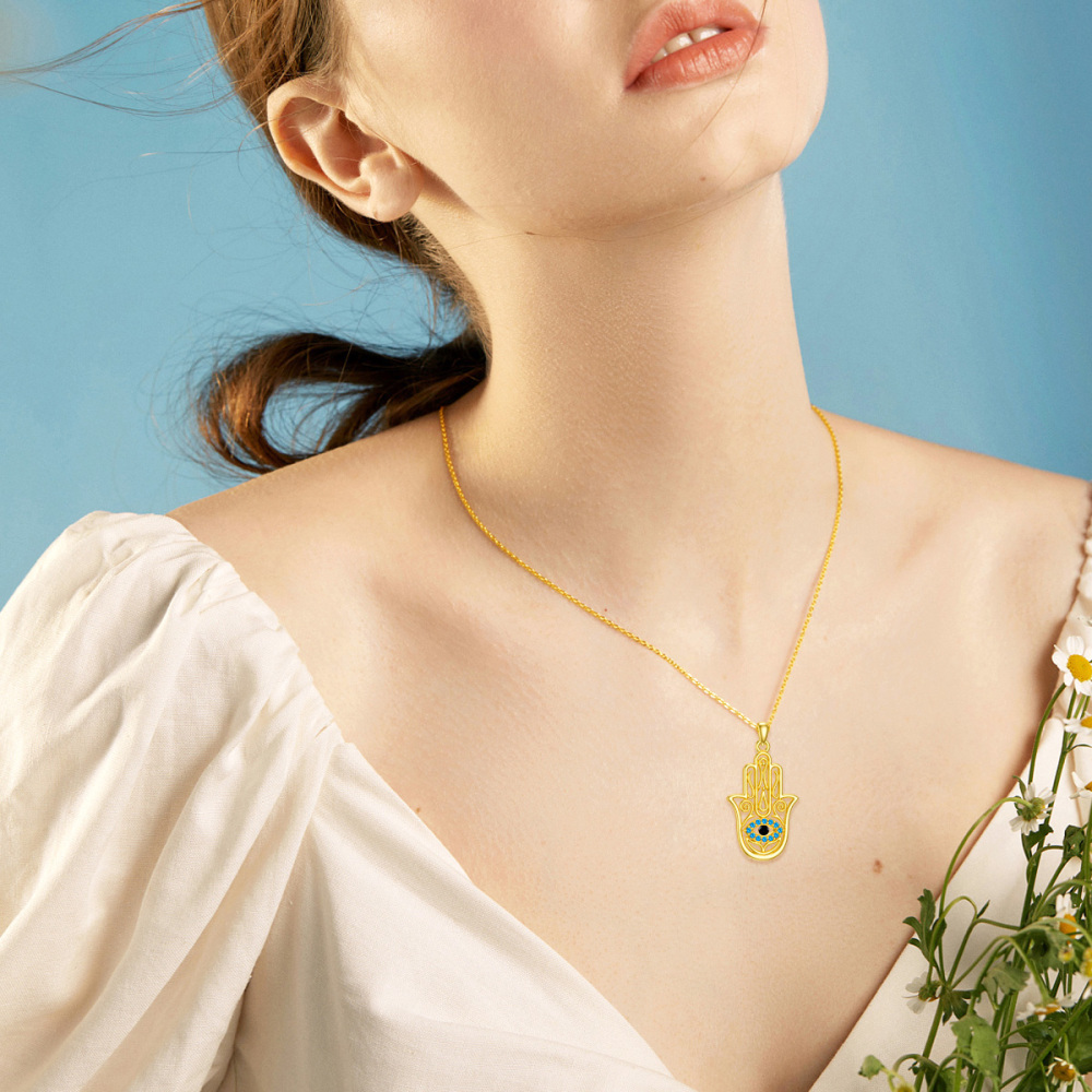 Collier en or 10K à zircon cubique avec pendentif Oeil maléfique et main Hamsa-2