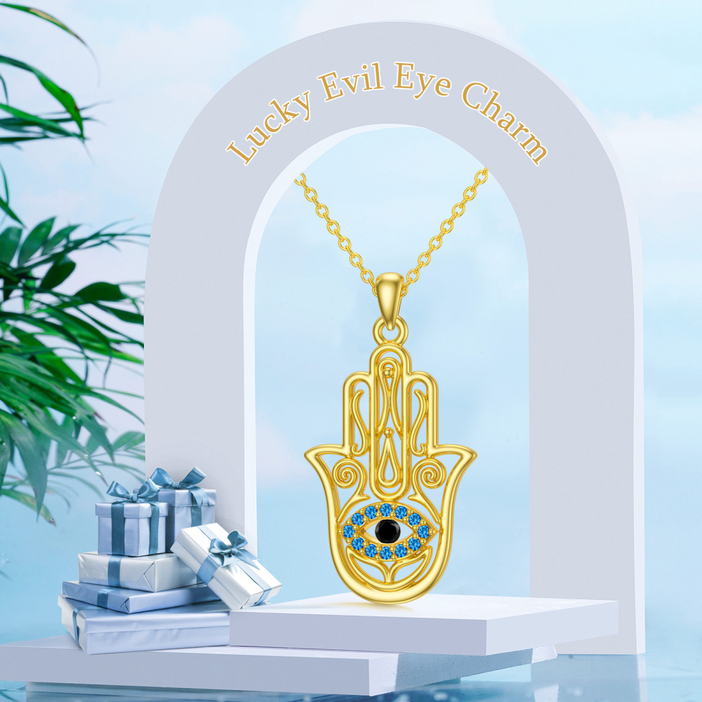 Collier en or 10K à zircon cubique avec pendentif Oeil maléfique et main Hamsa-3