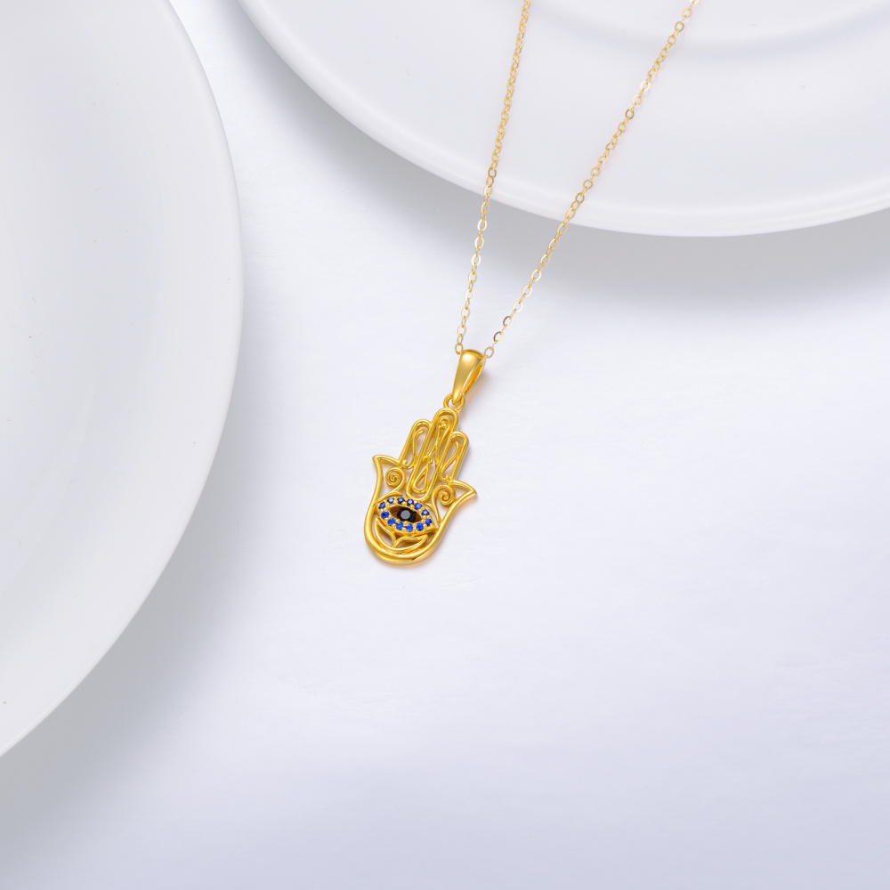 Collier en or 10K à zircon cubique avec pendentif Oeil maléfique et main Hamsa-4