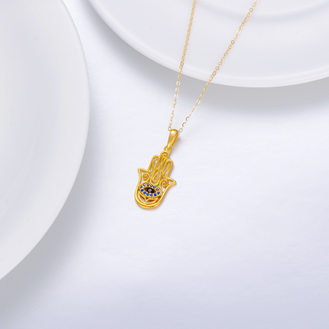 Collier en or 14K à zircon cubique avec pendentif Oeil maléfique et main Hamsa-4