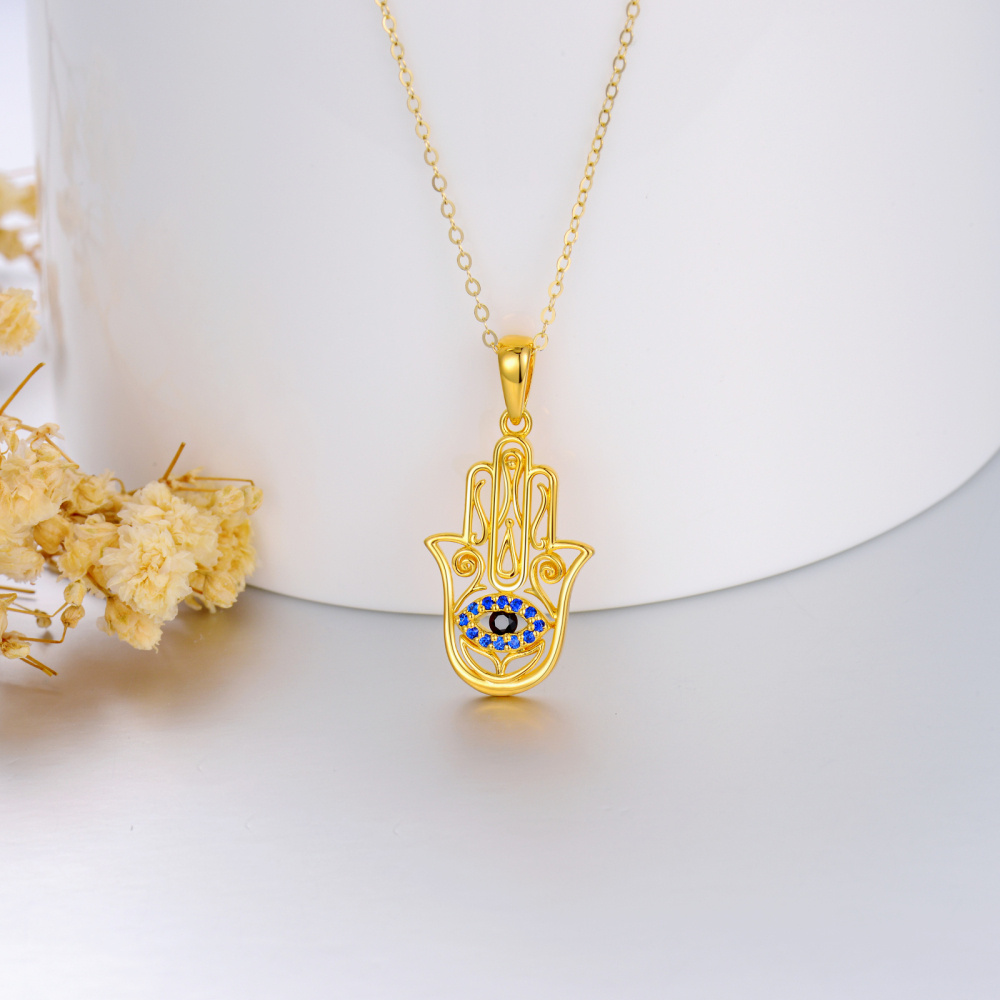 Collier en or 10K à zircon cubique avec pendentif Oeil maléfique et main Hamsa-5