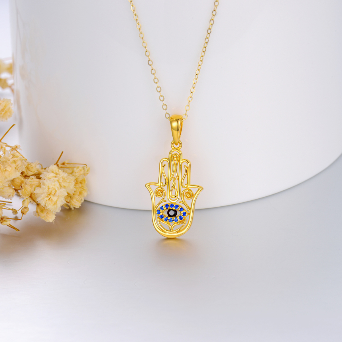 14-karatowy złoty naszyjnik z cyrkoniami Evil Eye & Hamsa Hand Pendant-5