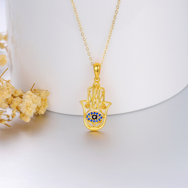 Collier en or 14K à zircon cubique avec pendentif Oeil maléfique et main Hamsa-5