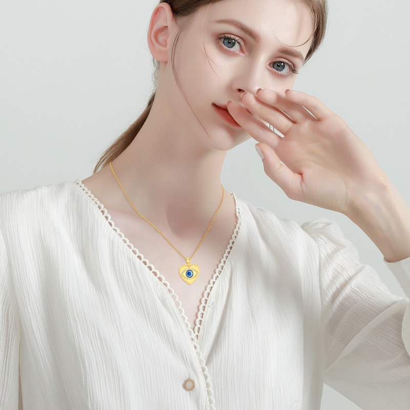 Collier pendentif œil et cœur en or blanc 10 carats et zircon cubique-2