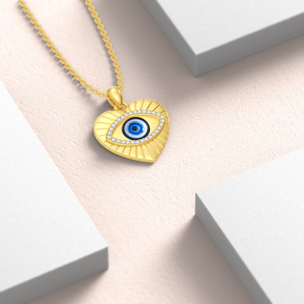 10K Gold Cubic Zirconia Evil Eye & Heart Pendant Necklace-3
