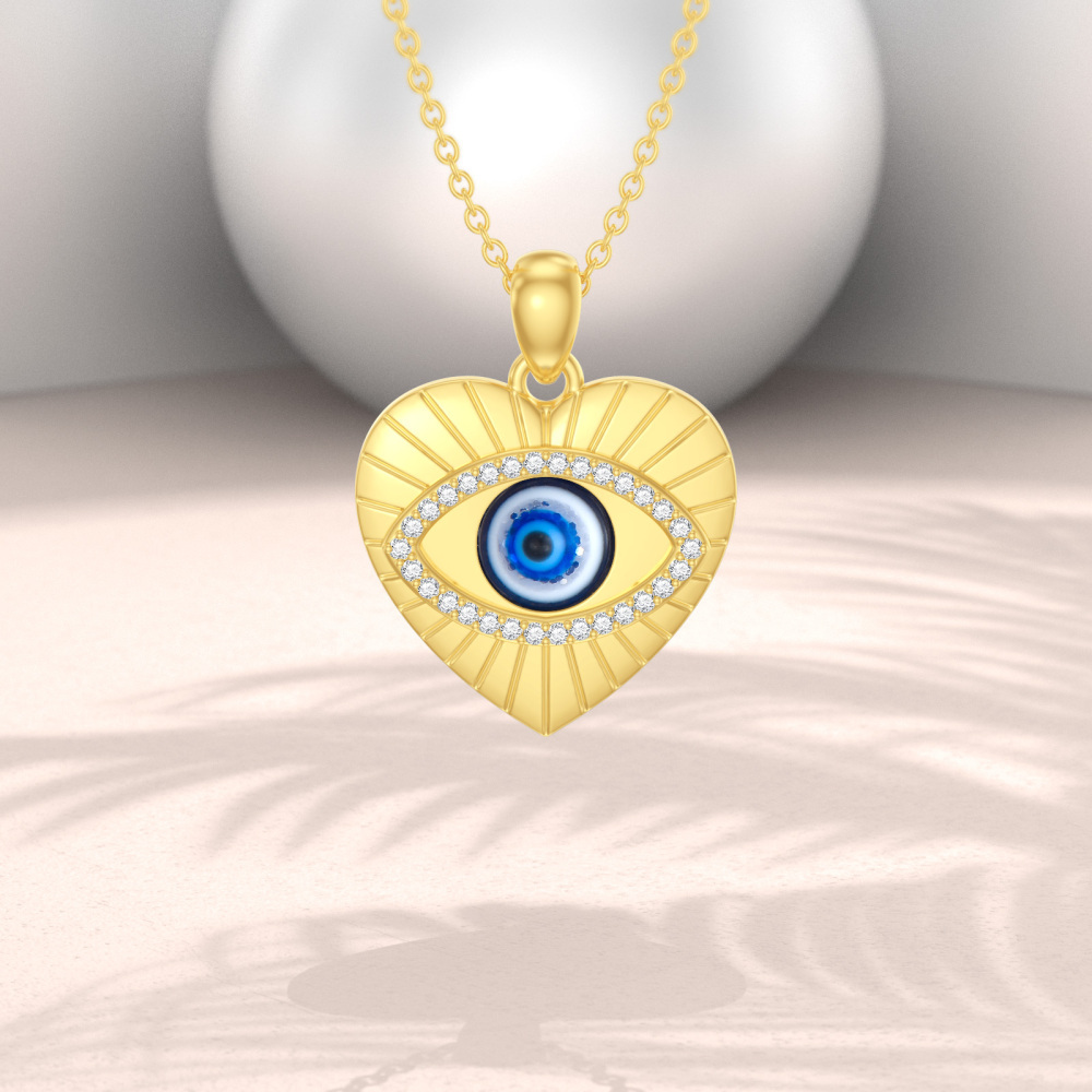 10K Gold Cubic Zirconia Evil Eye & Heart Pendant Necklace-4