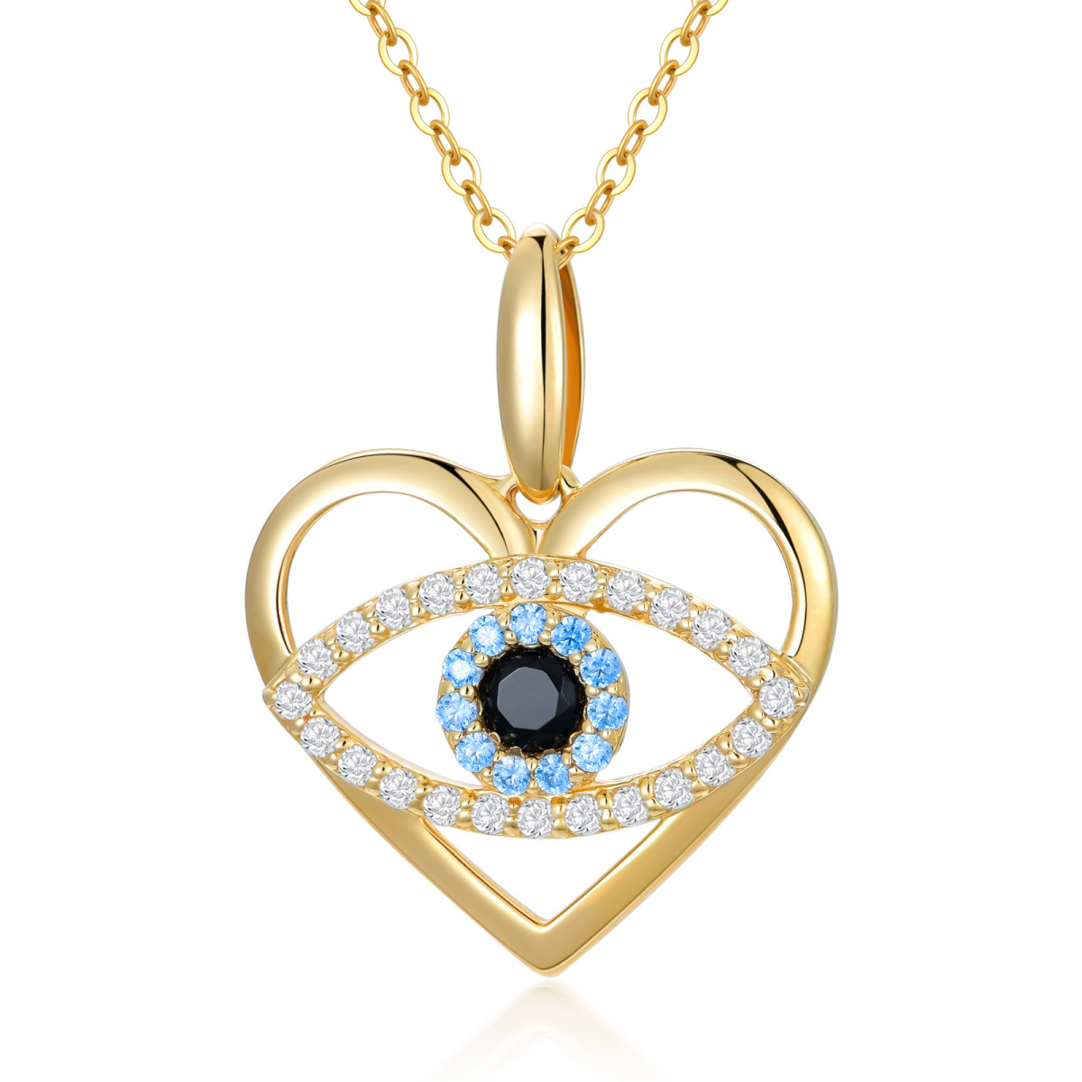 10K Gold Cubic Zirconia Evil Eye & Heart Pendant Necklace-1