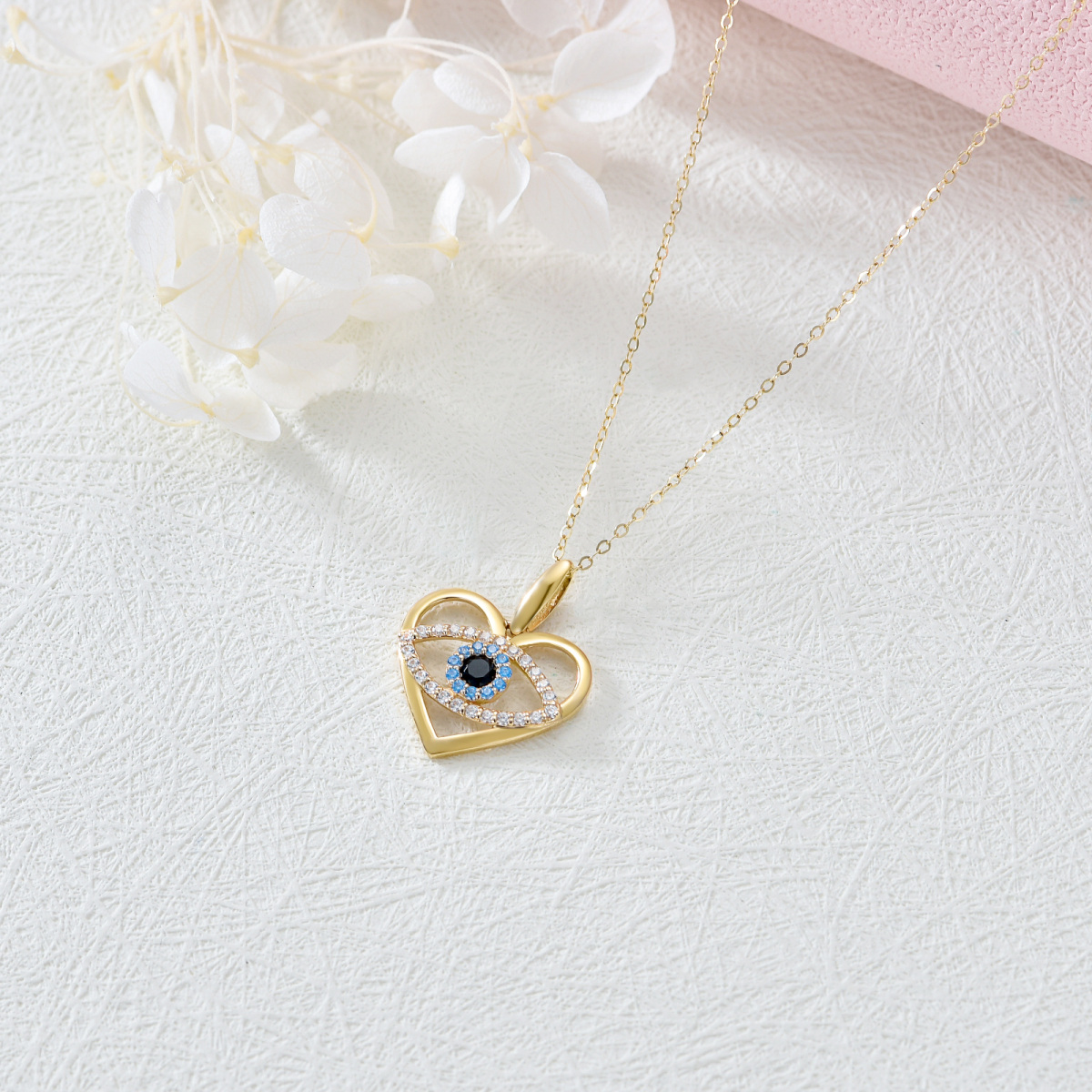 10K Gold Cubic Zirconia Evil Eye & Heart Pendant Necklace-3