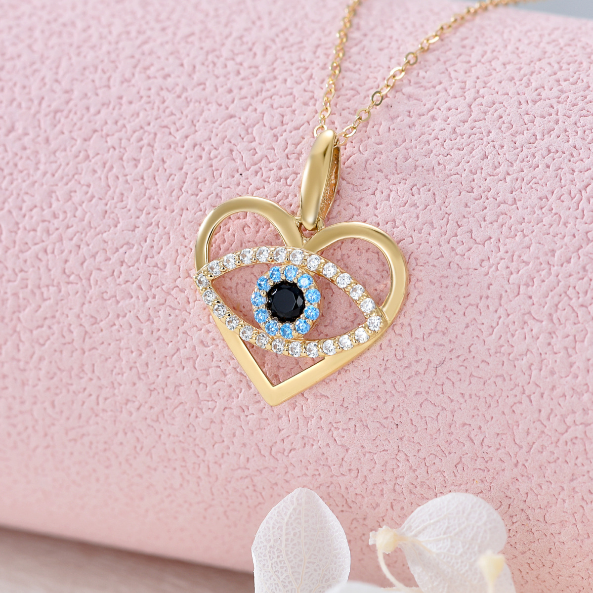 10K Gold Cubic Zirconia Evil Eye & Heart Pendant Necklace-4