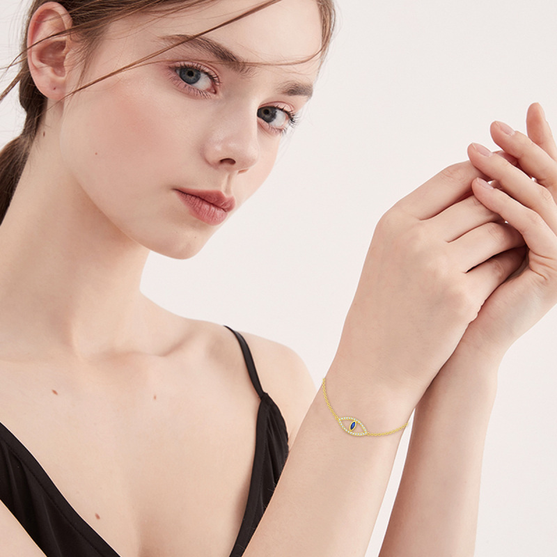 10K Gold Cubic Zirconia Evil Eye Charm Bracelet-2