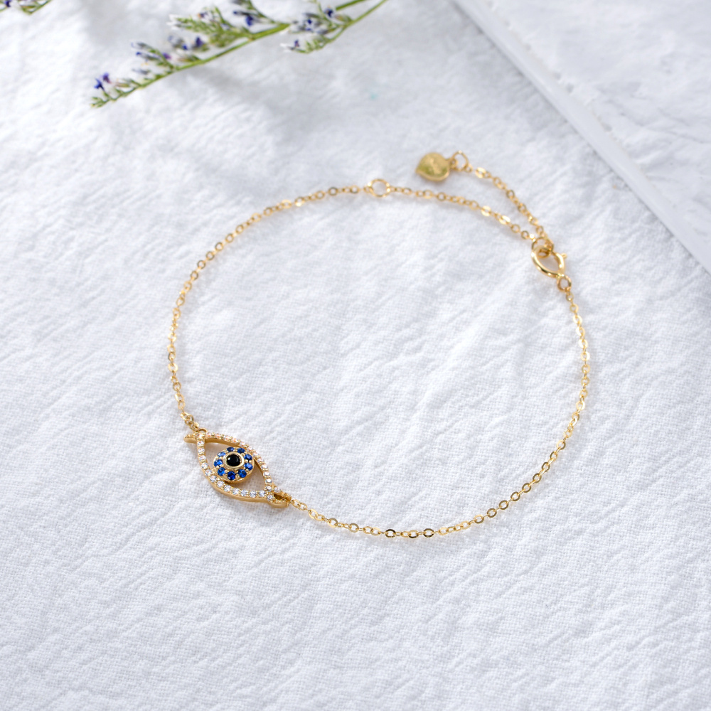 Pulseira com pingente de olho do mal em zircónio cúbico em ouro de 14 quilates-3