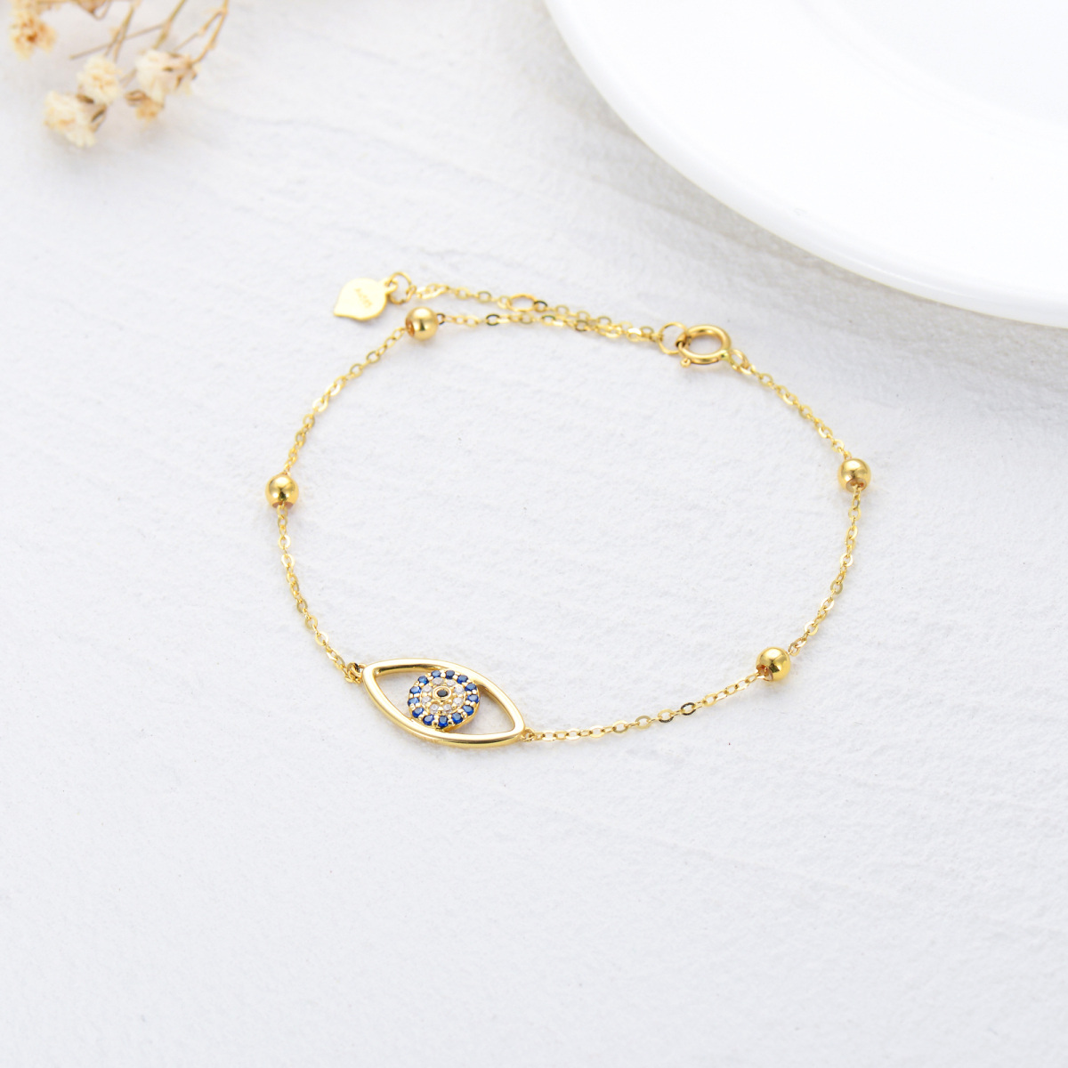 14K Gold Cubic Zirconia Evil Eye Pendant Bracelet-4