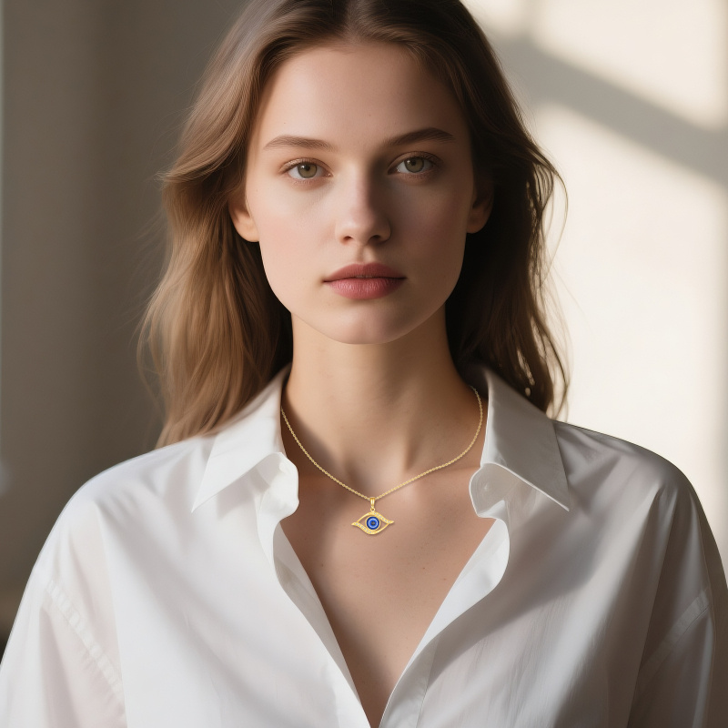 Collar colgante de oro de 14 quilates con circonia cúbica y diseño de ojo malvado-2