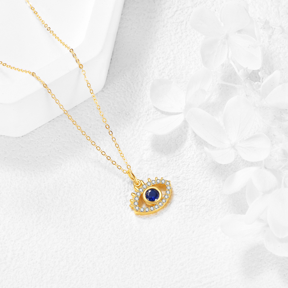 10K Gold Cubic Zirconia Evil Eye Pendant Necklace-4