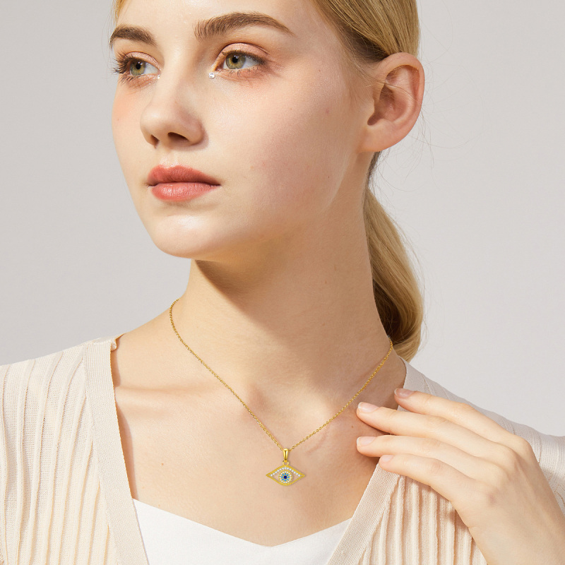 10K Gold Cubic Zirconia Evil Eye Pendant Necklace-2