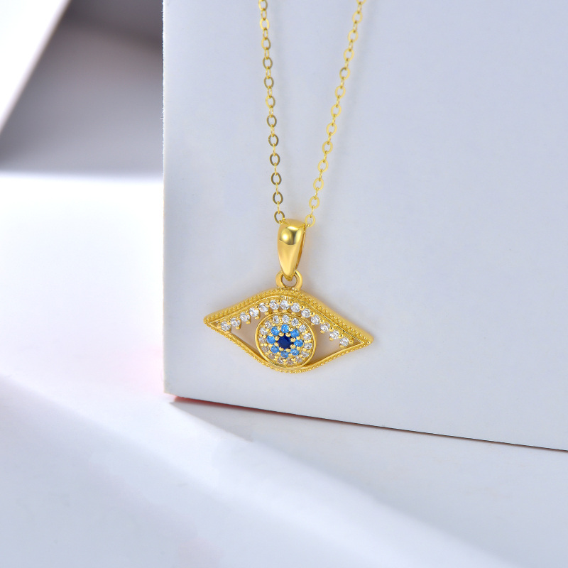 10K Gold Cubic Zirconia Evil Eye Pendant Necklace-3
