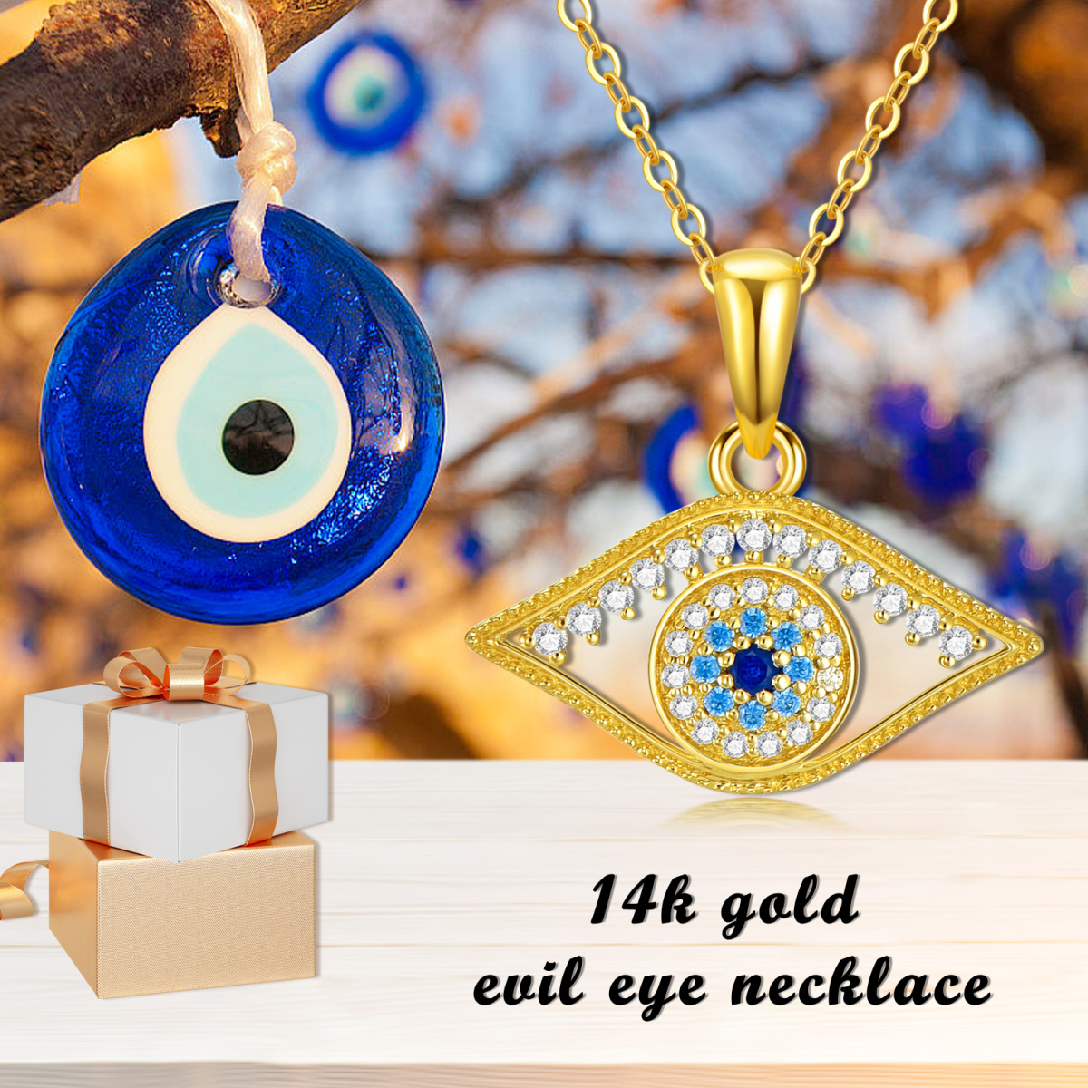 14K Gold Cubic Zirconia Evil Eye Pendant Necklace-5