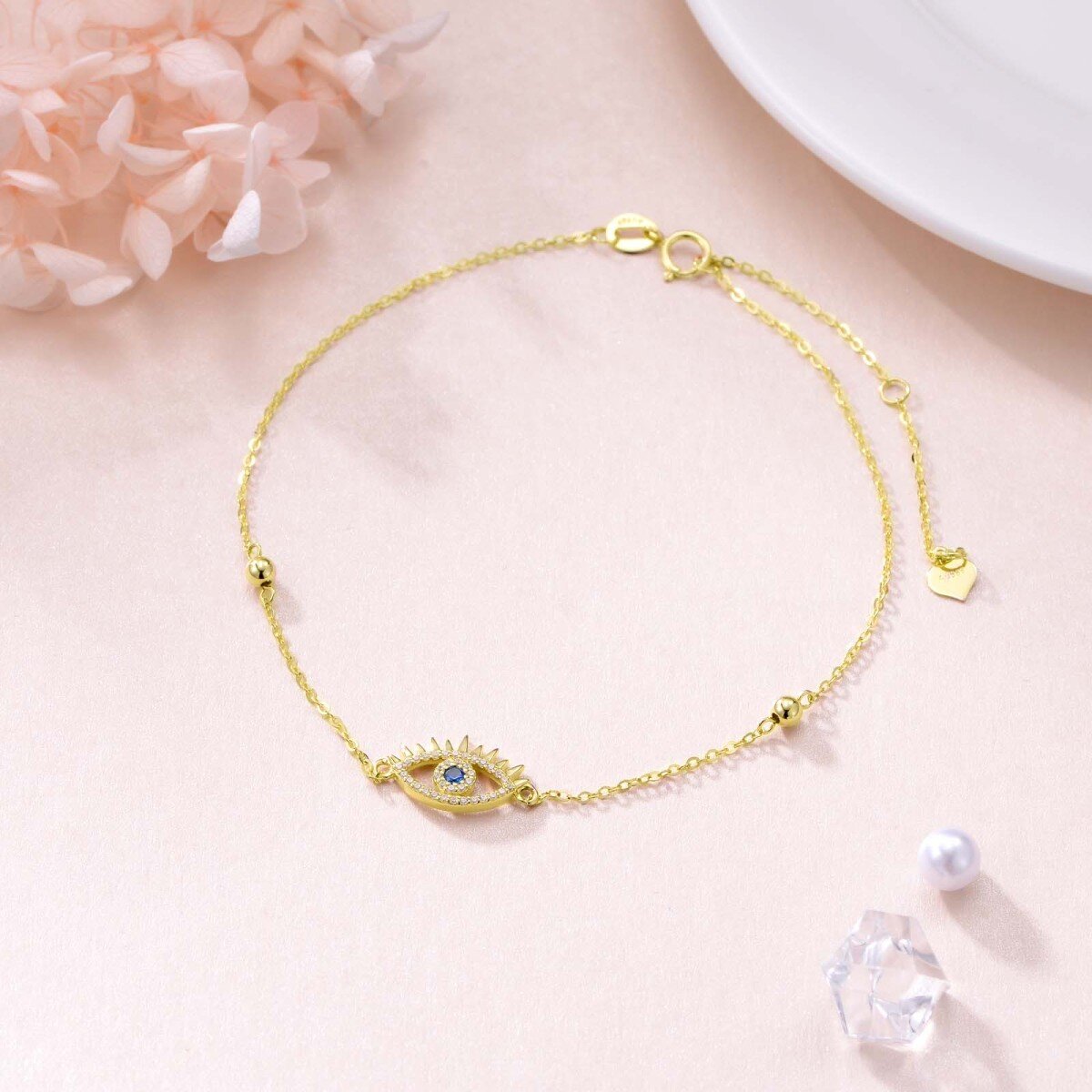 14K Gold Cubic Zirconia Evil Eye Single Layer Anklet-4