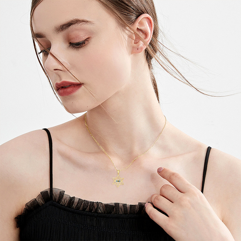 18K Gold Cubic Zirconia Evil Eye & Star Of David Pendant Necklace-2