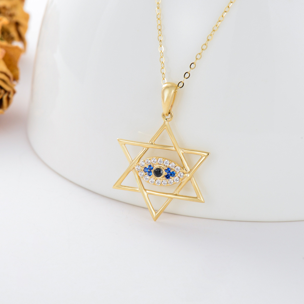 10K Gold Cubic Zirconia Evil Eye & Star Of David Pendant Necklace-3