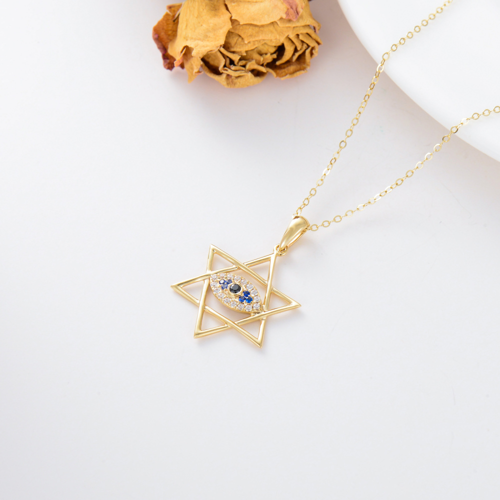 10K Gold Cubic Zirconia Evil Eye & Star Of David Pendant Necklace-4