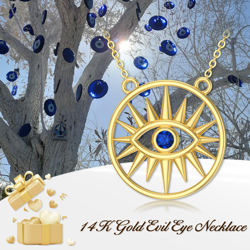 Colar com pendente de olho grego e sol em ouro branco 10K com zircónias cúbicas-6