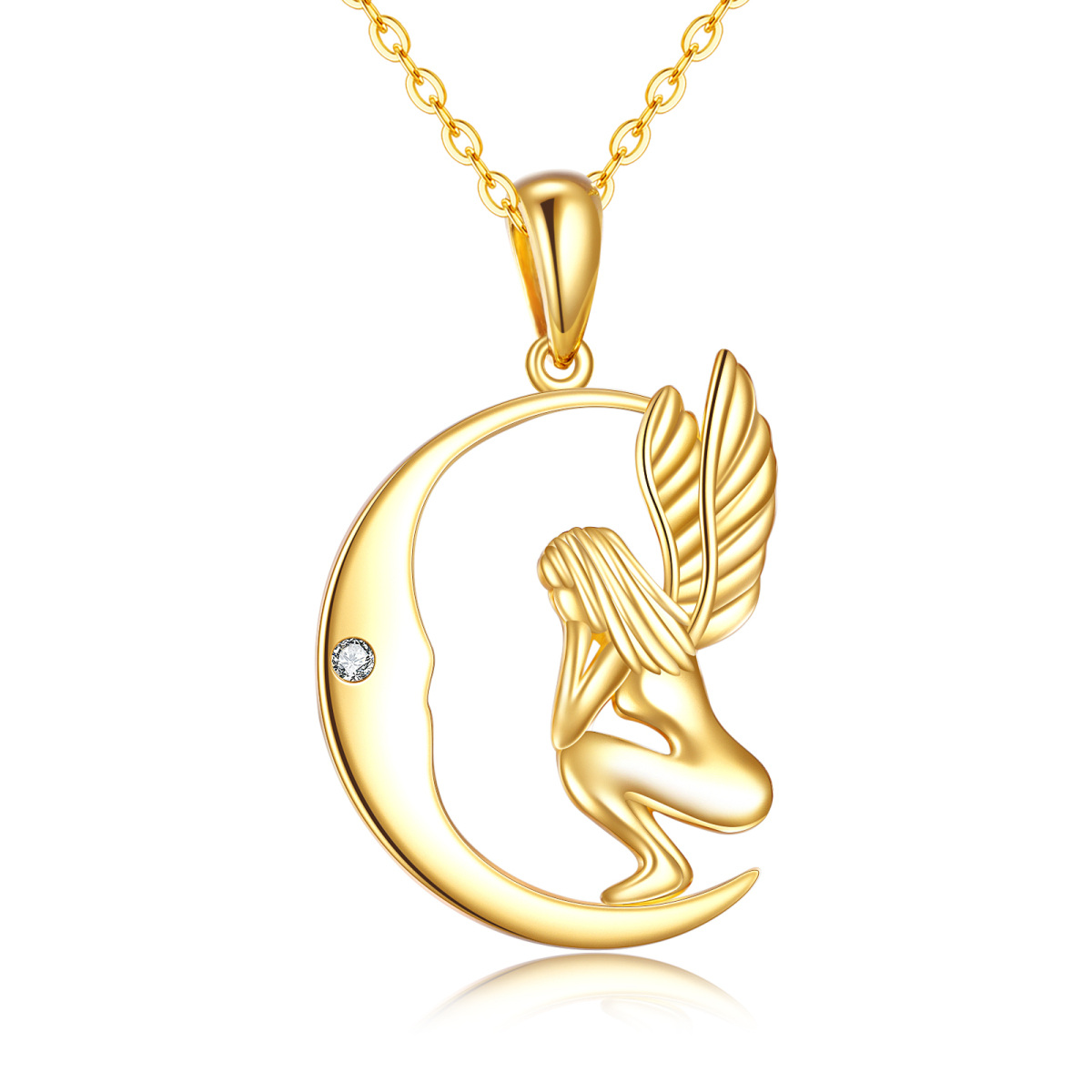 Collier pendentif fée et lune en or 14K à zircon cubique-1