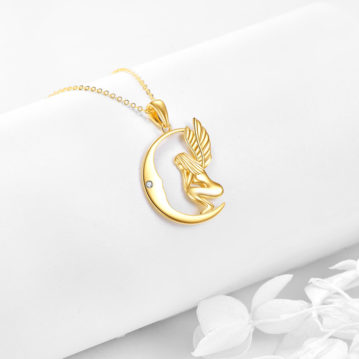 10K Gold Cubic Zirconia Fairy & Moon Pendant Necklace-4