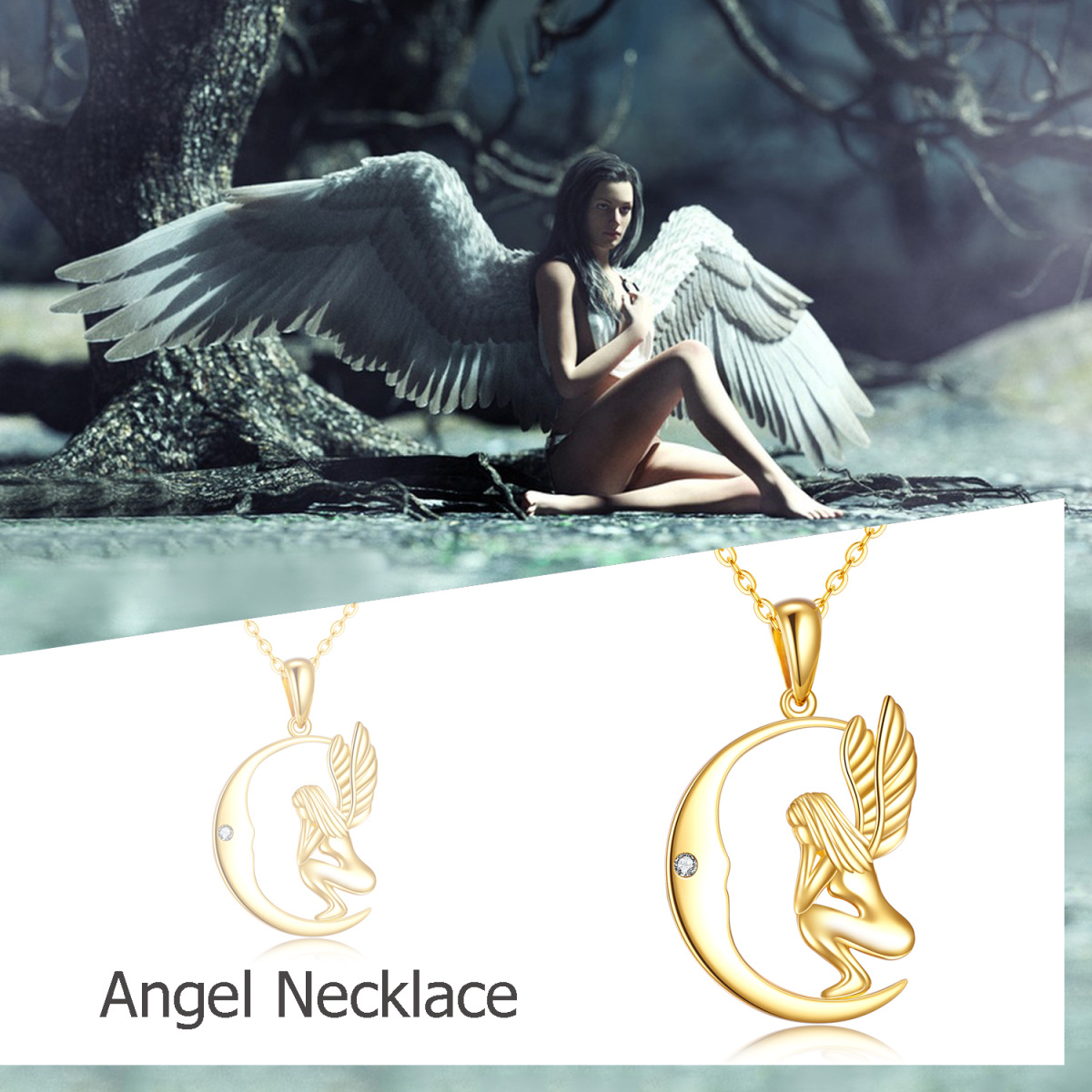 10K Gold Cubic Zirconia Fairy & Moon Pendant Necklace-5