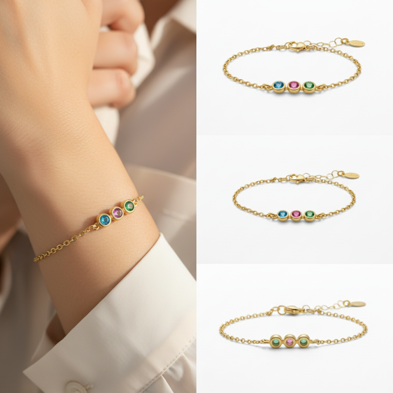 14K Rose Gold Cubic Zirconia Personalized Birthstone Charm Bracelet-3