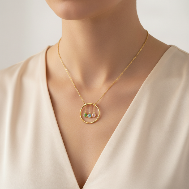 Collar de oro de 14 quilates con circonia cúbica y piedras de nacimiento familiares-2