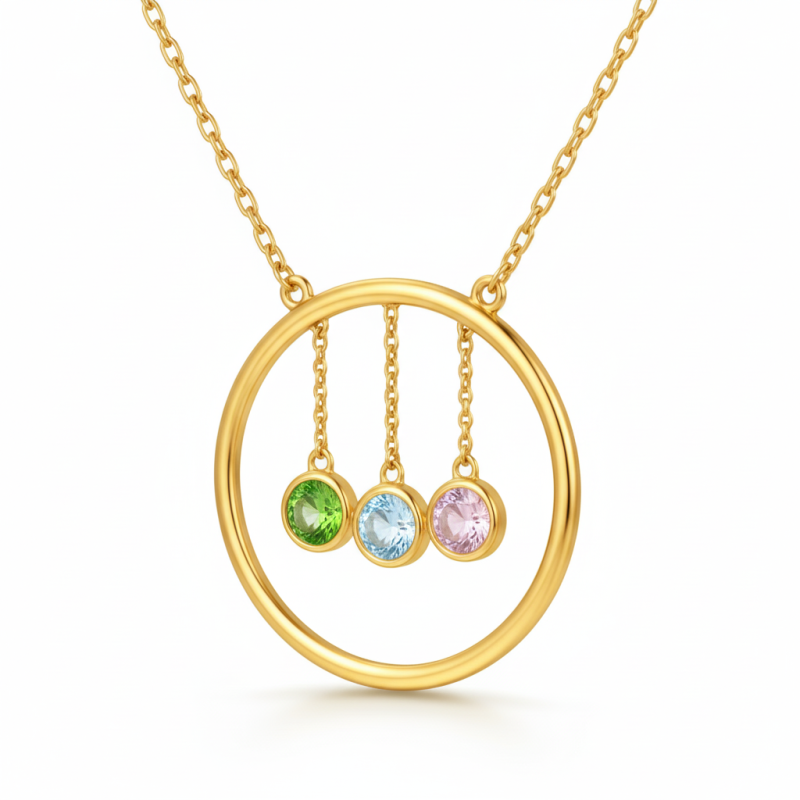 Collar de oro de 14 quilates con circonia cúbica y piedras de nacimiento familiares-3