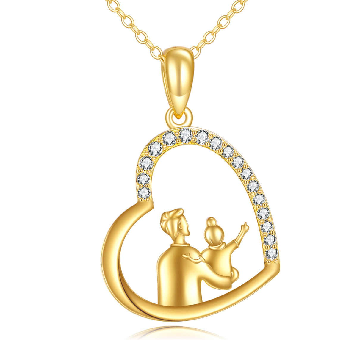 14K Gold Cubic Zirconia Father & Daughter & Heart Pendant Necklace-1