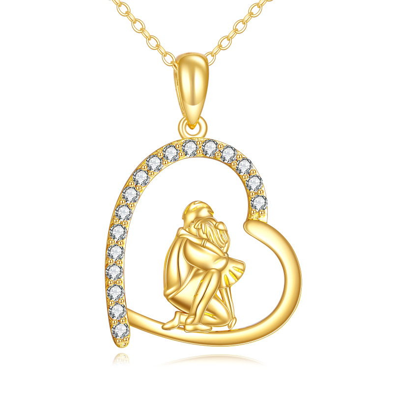 14K Gold Cubic Zirconia Father & Daughter Heart Pendant Necklace-1
