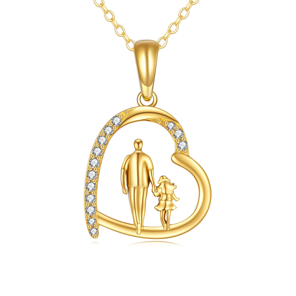 10K Gold Cubic Zirconia Father Holding Daughter Heart Pendant Necklace-1