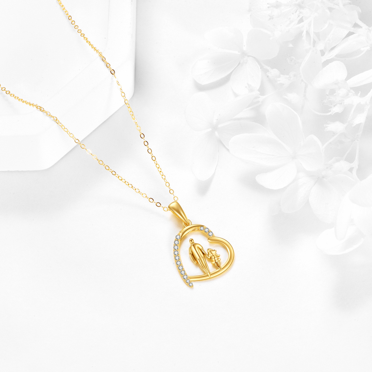 10K Gold Cubic Zirconia Father Holding Daughter Heart Pendant Necklace-4