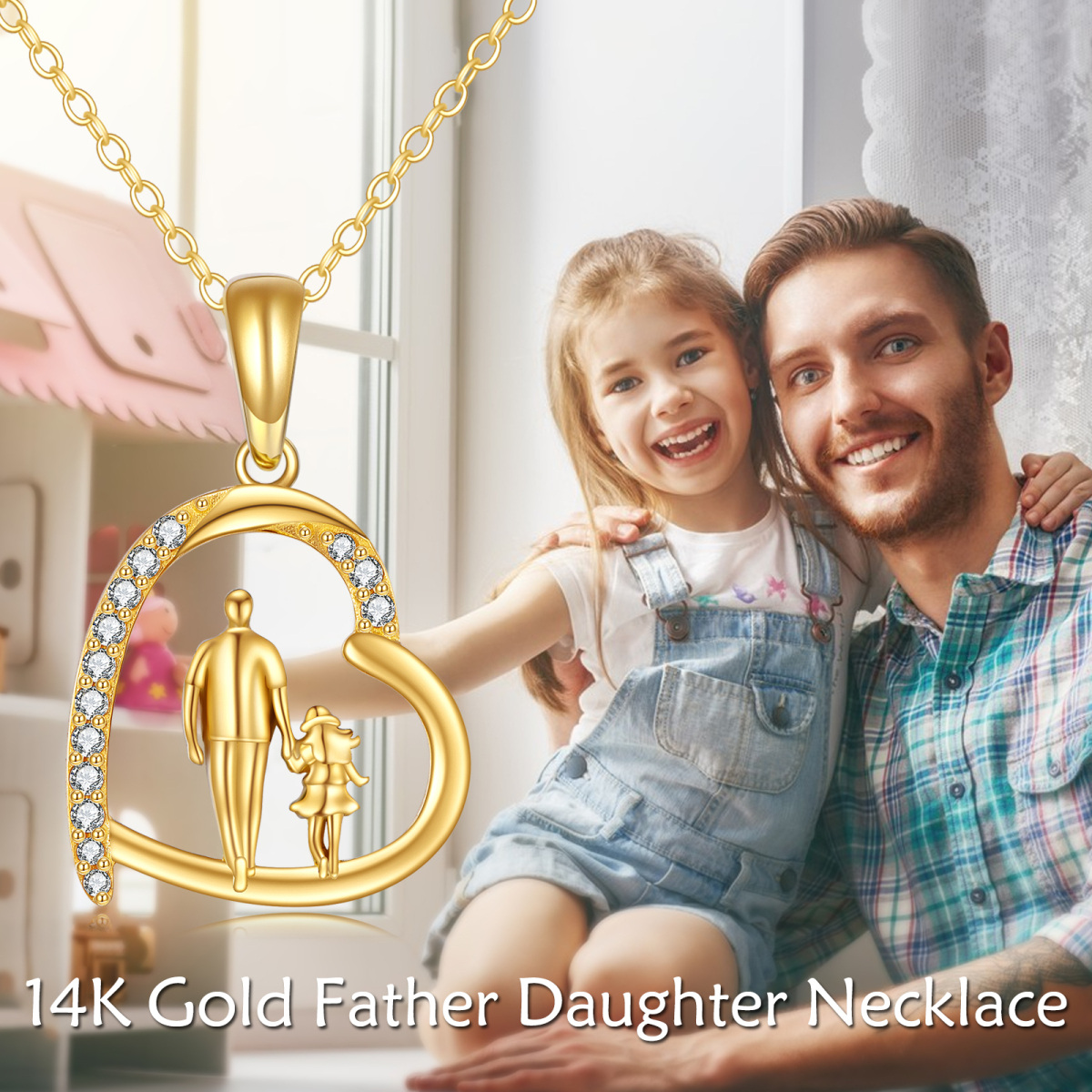 10K Gold Cubic Zirconia Father Holding Daughter Heart Pendant Necklace-5